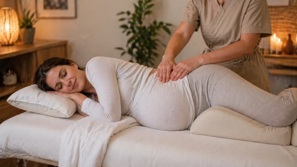 Mujer embarazada en tercer trimestre recibiendo masaje prenatal terapéutico en posición lateral, con cojines de soporte y luz cálida, en un espacio profesional de bienestar en Medellín, mostrando una técnica segura y adecuada para evitar masajes prohibidos para embarazadas.