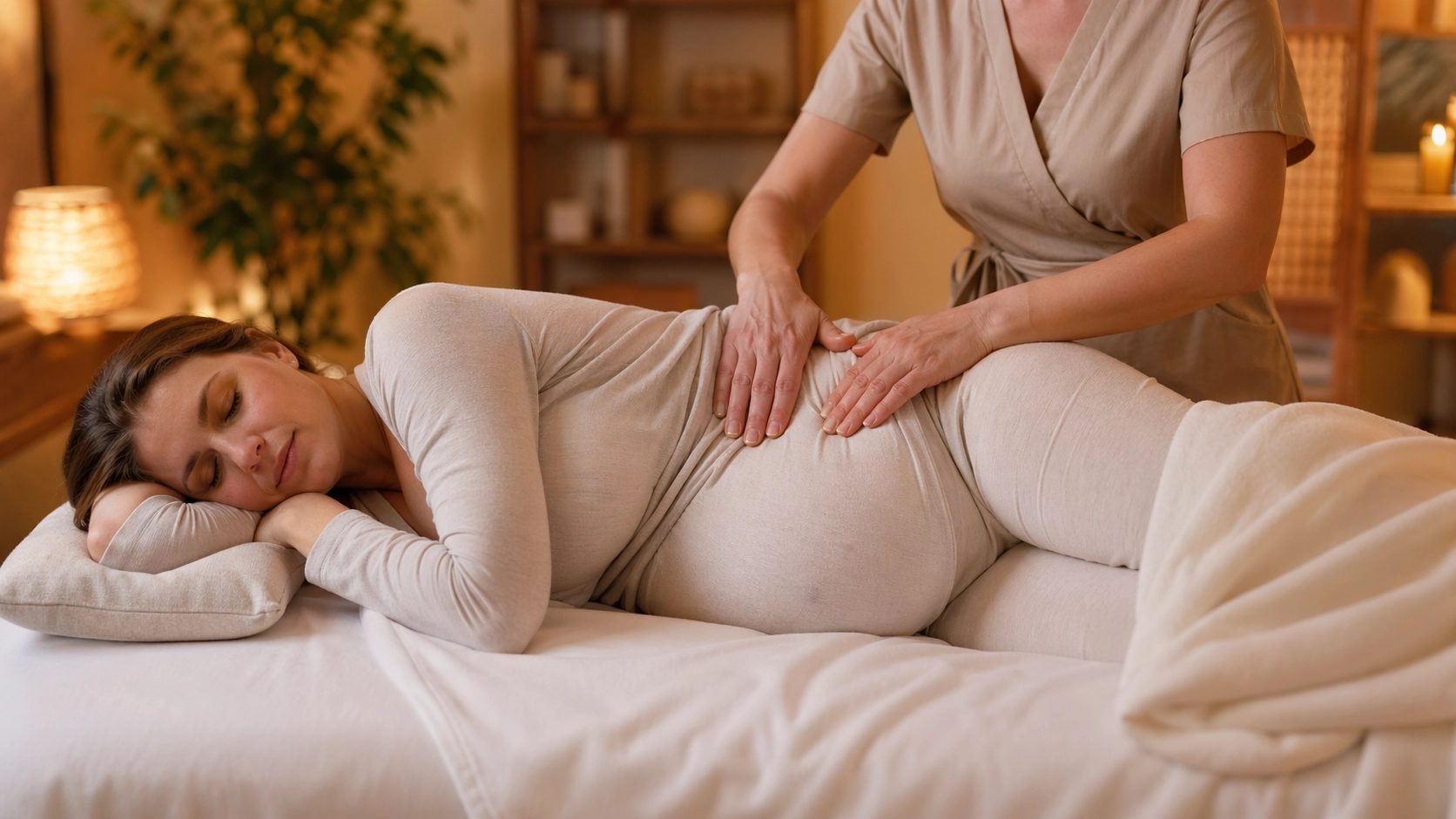 Mujer embarazada en el tercer trimestre recibiendo un masaje prenatal en posición lateral sobre una camilla, en un consultorio de bienestar en Medellín con iluminación cálida y ambiente relajante, como parte de una sesión especializada para alivio del dolor lumbar y cuidado prenatal durante el embarazo